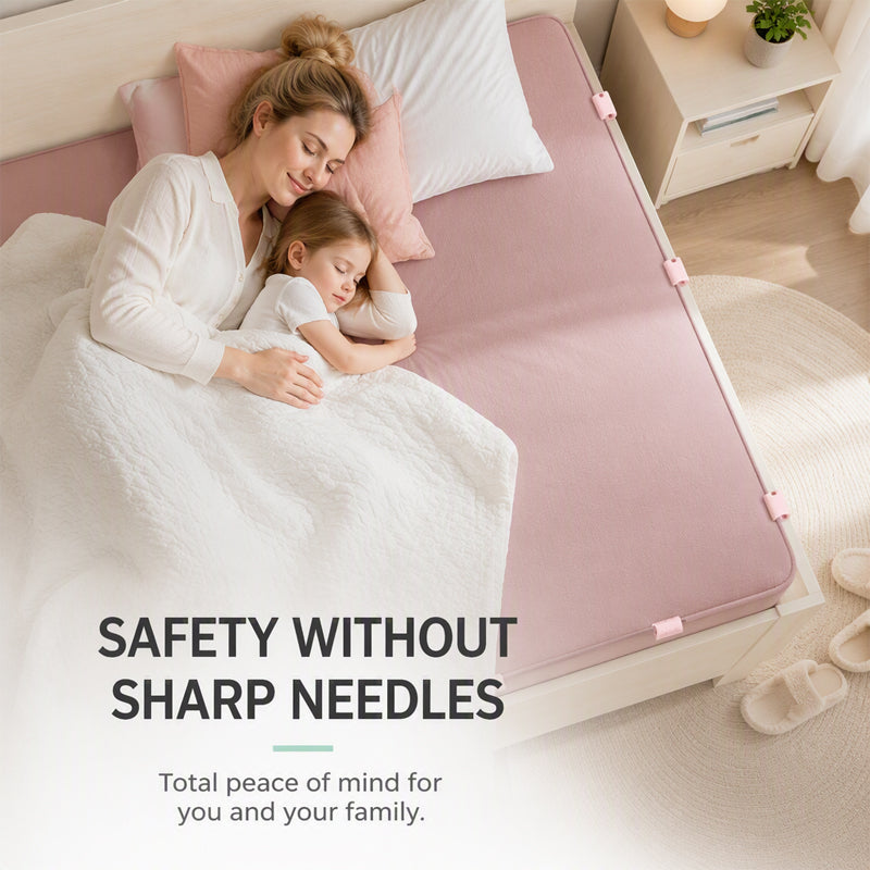 🛏️🔒 Alsof je lakens vastgeklikt zitten! Naaldvrije spanners met kliksluiting, compact ABS en stevige grip – in blauw, roze of transparant.