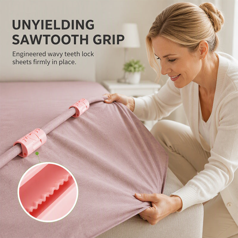 🛏️🔒 Alsof je lakens vastgeklikt zitten! Naaldvrije spanners met kliksluiting, compact ABS en stevige grip – in blauw, roze of transparant.