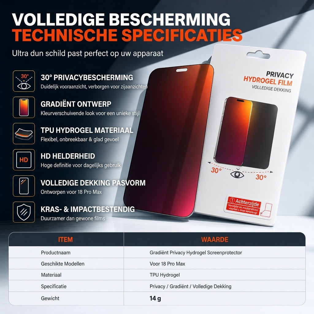 Gradiënte Privacy Hydrogel Screenprotector - Kleurrijke Anti-TPU Film met Eenvoudige Installatie Positioneringssticker - Compatibel met 18 Pro Max 17 Air 16 15 14 Series