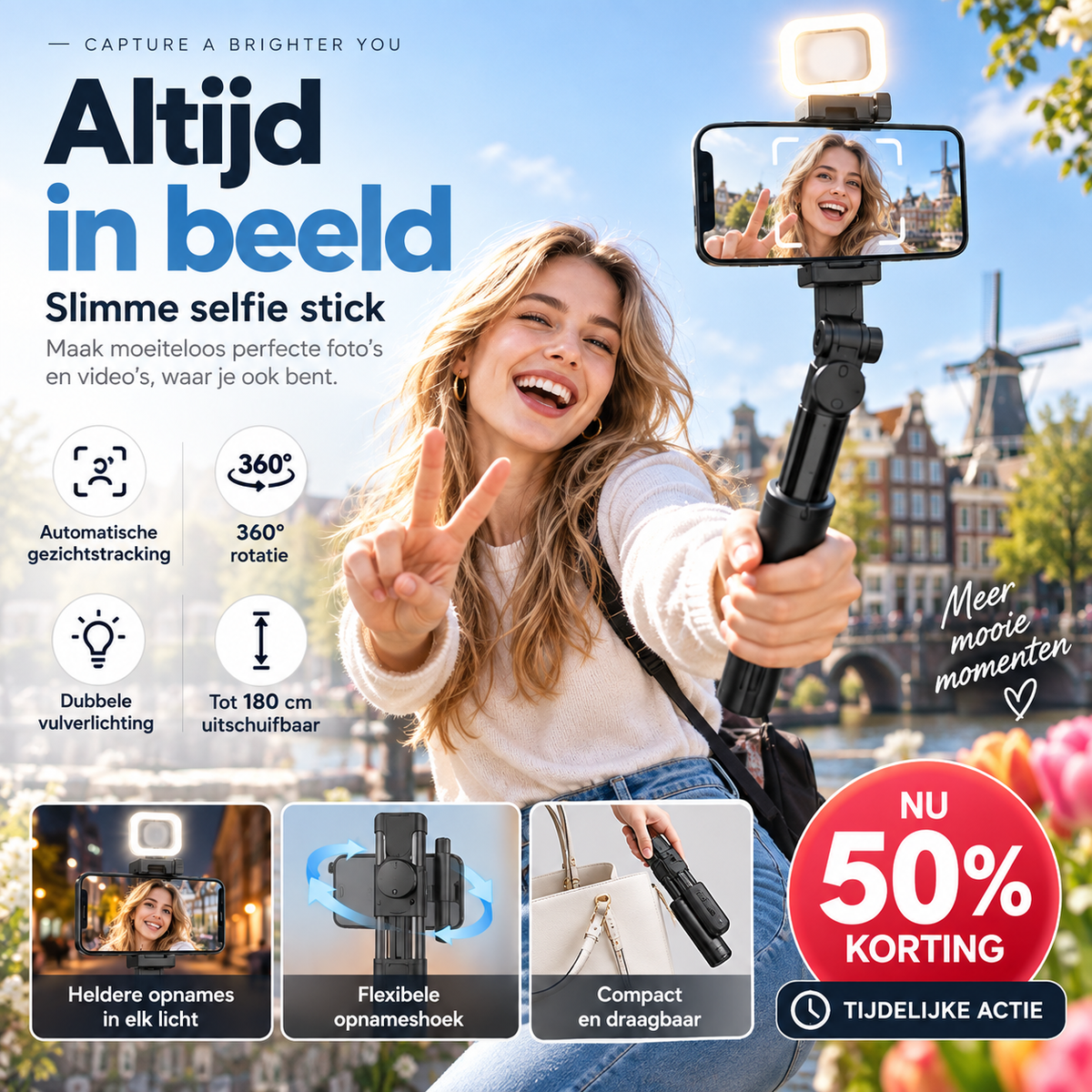 📱 180 cm Smart Selfiestick met Automatische Gezichtsherkenning – Film en Maak Foto's met Meer Vrijheid